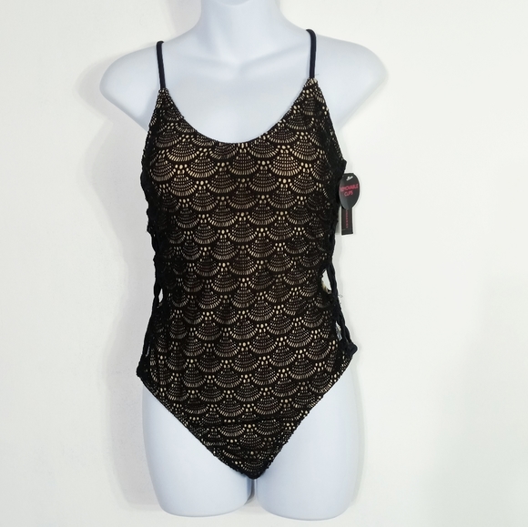 NO Boundaries One-piece Swimsuit Knit Shell Pattern Black Medium Lined NEW - Picture 1 of 5